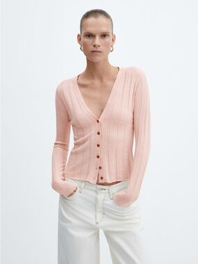 Mango Buttoned Ribbed Cardigan, Pastel Pink, Size Large, NWT